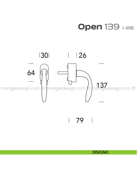 Maniglia per finestra DK con pulsante su placca 139 Open Reguitti disegno