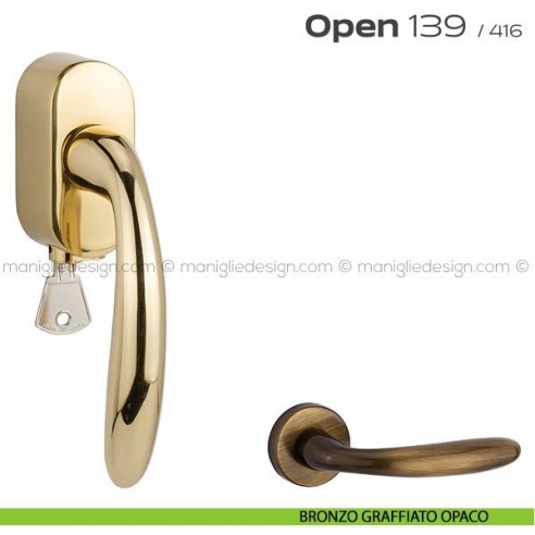 Maniglia per finestra martellina DK con chiave 139 Open Reguitti bronzato graffiato