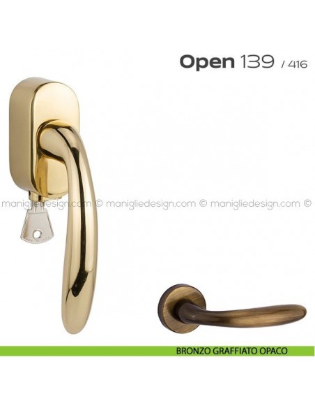 Maniglia per finestra martellina DK con chiave 139 Open Reguitti bronzato graffiato