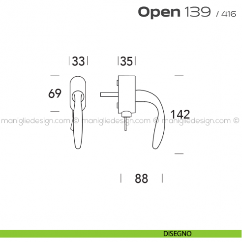Maniglia per finestra martellina DK con chiave 139 Open Reguitti disegno