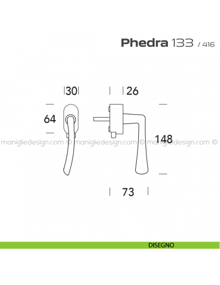 Maniglia per finestra DK con pulsante su placca 133 Phedra Reguitti disegno