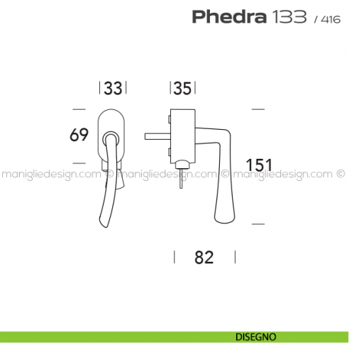 Maniglia per finestra DK con chiave su placca 133 Phedra Reguitti disegno