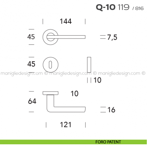 Maniglia per porta Q-10 119 Reguitti con rosetta tonda foro patent