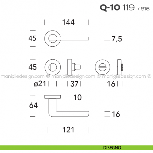 Maniglia per porta con nottolino Q-10 119 Reguitti con rosetta tonda disegno