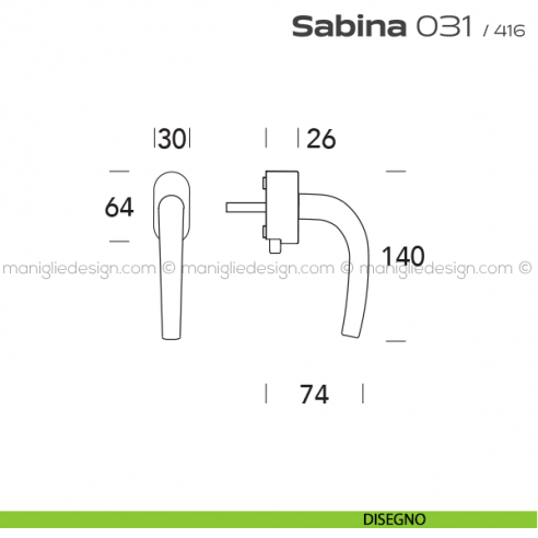 Maniglia per finestra DK con pulsante su placca 031 Sabina Reguitti disegno
