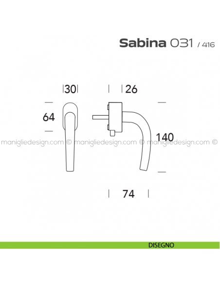 Maniglia per finestra DK con pulsante su placca 031 Sabina Reguitti disegno