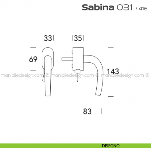 Maniglia per finestra martellina DK con chiave 031 Sabina Reguitti disegno