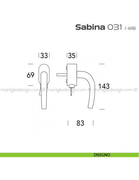Maniglia per finestra martellina DK con chiave 031 Sabina Reguitti disegno