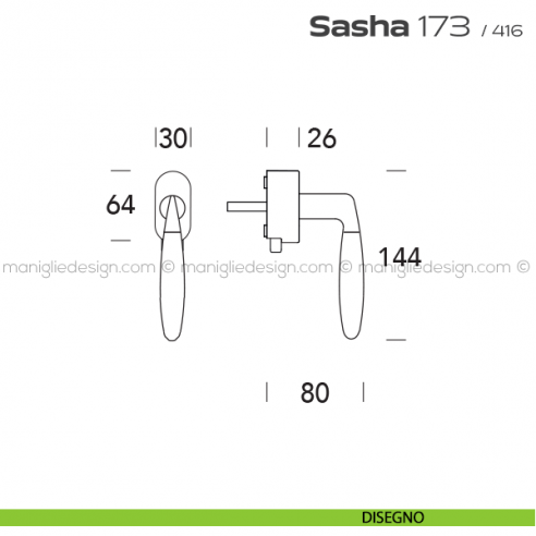 Maniglia per finestra DK con pulsante su placca 173 Sasha Reguitti disegno