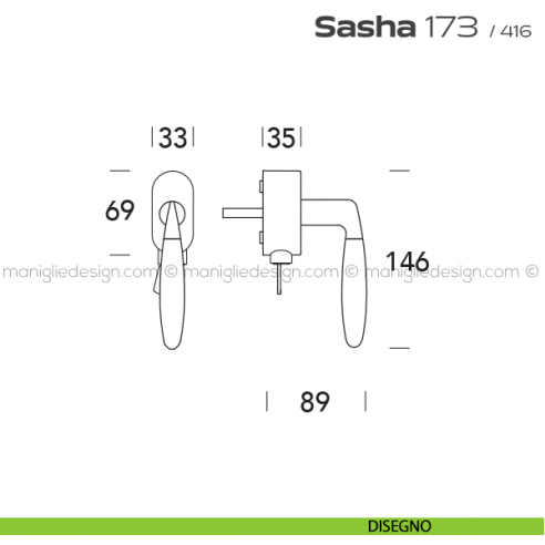 Maniglia per finestra martellina DK con chiave 173 Sasha Reguitti disegno