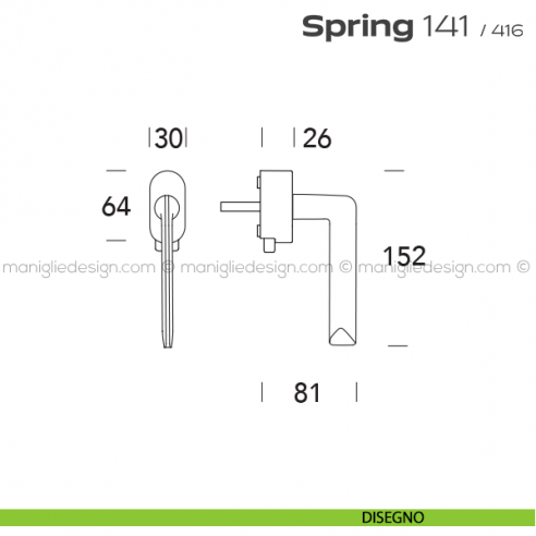 Maniglia per finestra DK con pulsante su placca 141 Spring T. Reguitti disegno
