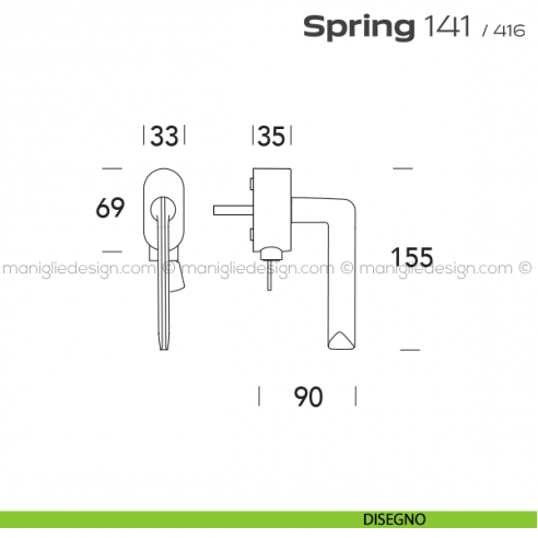 Maniglia per finestra martellina DK con chiave 141 Spring T. Reguitti disegno