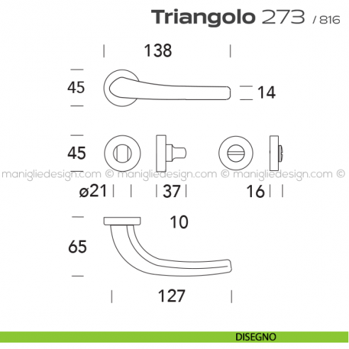 Maniglia per porta con nottolino 273 Triangolo Reguitti disegno