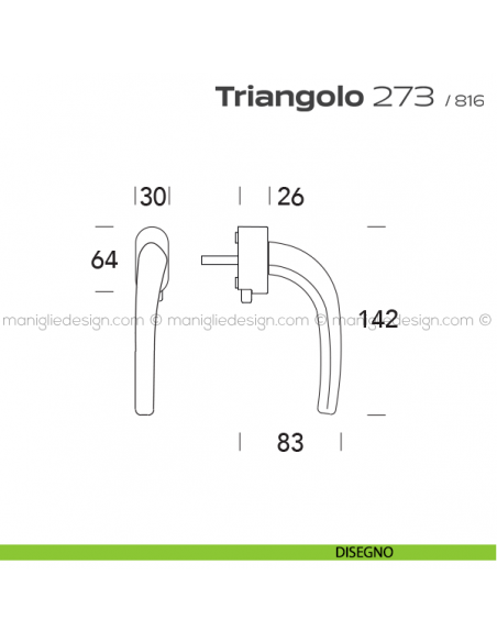 Maniglia per finestra DK con pulsante su placca 273 Triangolo Reguitti disegno