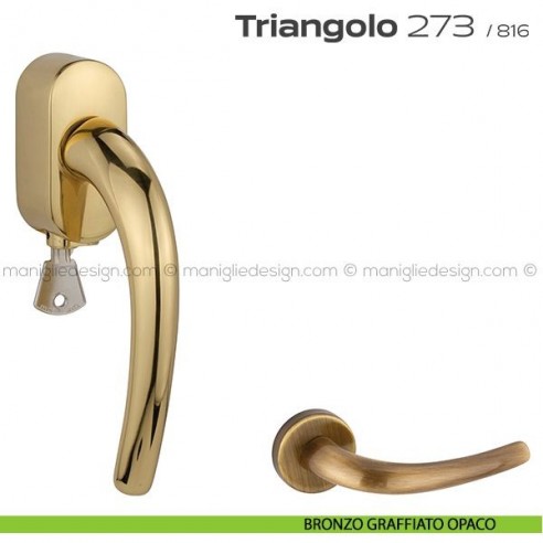 Maniglia per finestra DK con chiave su placca 273 Triangolo Reguitti bronzato graffiato