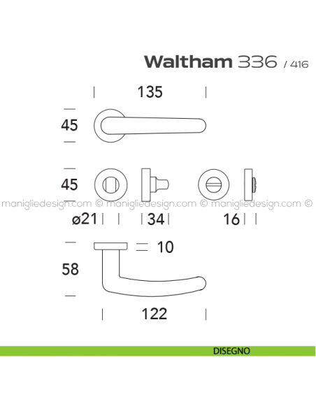 Maniglia per porta con nottolino 336 Waltham Reguitti disegno