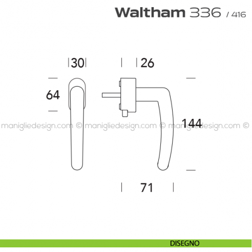 Maniglia per finestra DK con pulsante su placca 336 Waltham Reguitti disegno