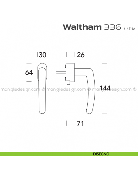 Maniglia per finestra DK con pulsante su placca 336 Waltham Reguitti disegno