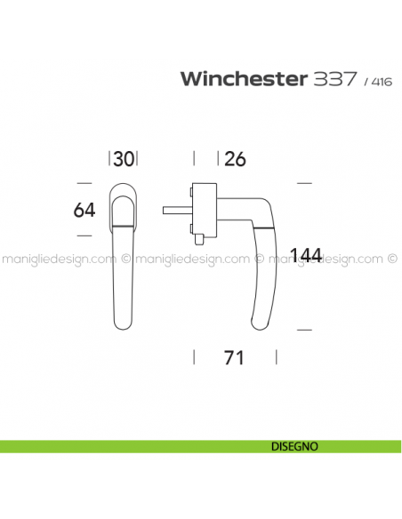 Maniglia per finestra DK con pulsante su placca 337 Winchester Reguitti disegno