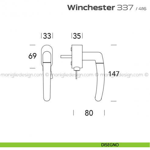 Maniglia per finestra martellina DK con chiave 337 Winchester Reguitti disegno