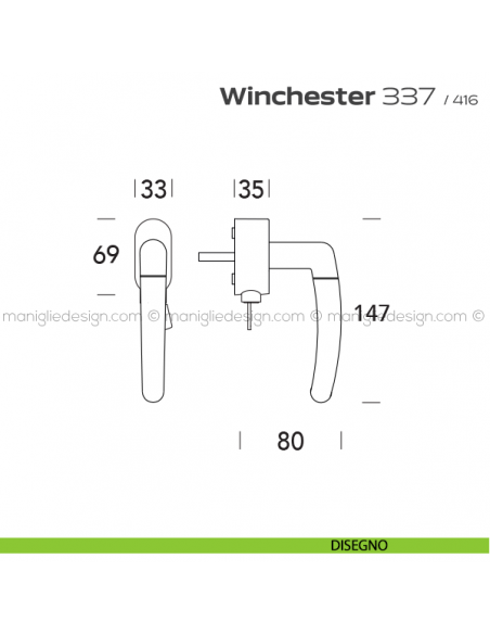 Maniglia per finestra martellina DK con chiave 337 Winchester Reguitti disegno