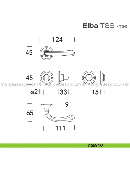 Maniglia per porta con nottolino T88 Elba Reguitti disegno