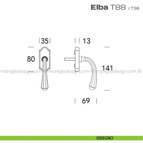 Maniglia martellina DK per finestra T88 Elba Reguitti disegno