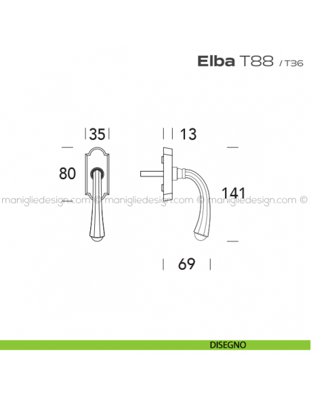 Maniglia martellina DK per finestra T88 Elba Reguitti disegno