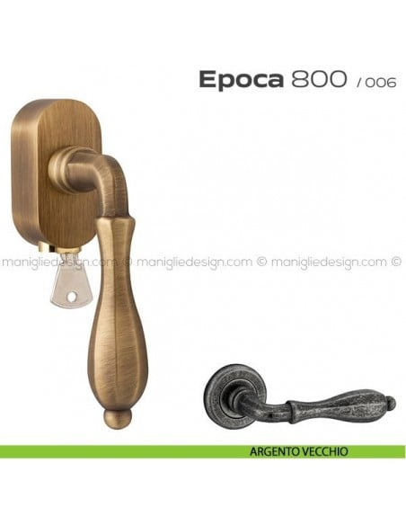 Maniglia per finestra martellina DK con chiave su placca 800 Epoca Reguitti argento vecchio