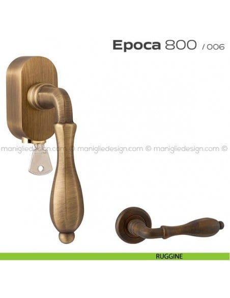 Maniglia per finestra martellina DK con chiave su placca 800 Epoca Reguitti ruggine