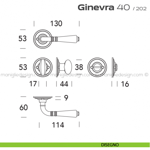 Maniglia per porta con nottolino 40 Ginevra Reguitti con viti a vista disegno