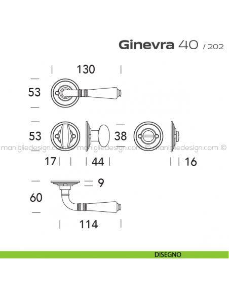 Maniglia per porta con nottolino 40 Ginevra Reguitti con viti a vista disegno