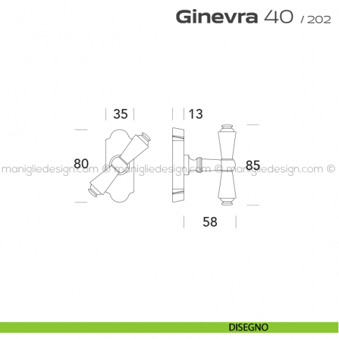 Maniglia per finestra martellina DK impugnatura a T 40 Ginevra Reguitti disegno
