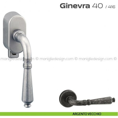 Maniglia per finestra DK con pulsante su placca 40 Ginevra Reguitti argento vecchio