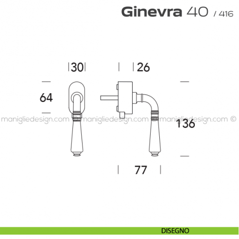 Maniglia per finestra DK con pulsante su placca 40 Ginevra Reguitti disegno