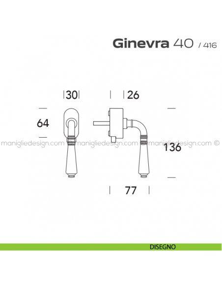 Maniglia per finestra DK con pulsante su placca 40 Ginevra Reguitti disegno