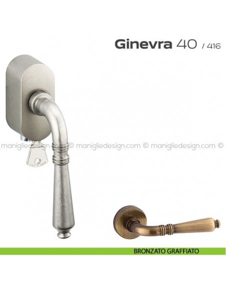 Maniglia per finestra martellina DK con chiave su placca 040 Ginevra Reguitti bronzato graffiato