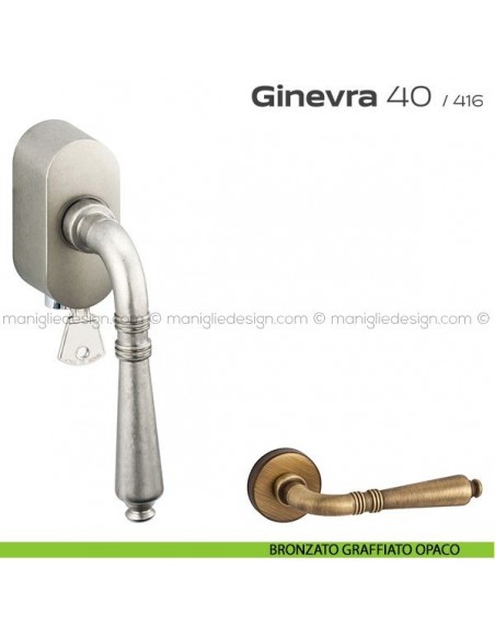 Maniglia per finestra martellina DK con chiave su placca 040 Ginevra Reguitti bronzato graffiato opaco