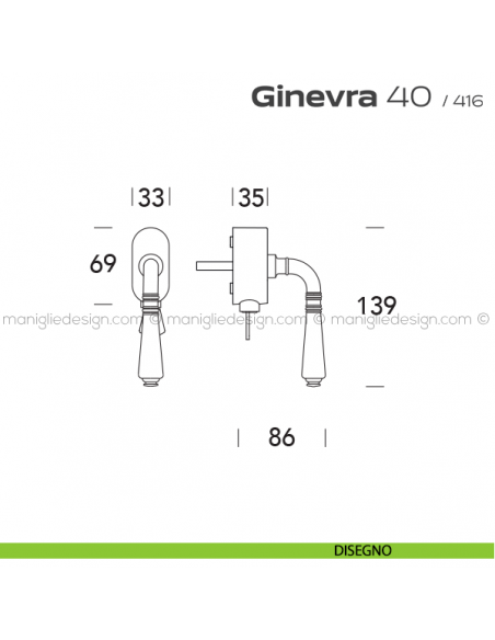 Maniglia per finestra martellina DK con chiave su placca 040 Ginevra Reguitti disegno