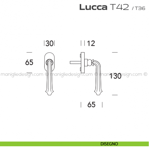 Maniglia martellina DK per finestra T42 Lucca Reguitti disegno