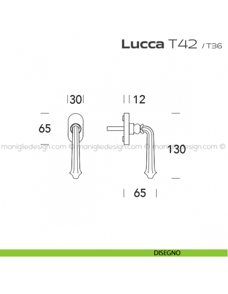 Maniglia martellina DK per finestra T42 Lucca Reguitti disegno