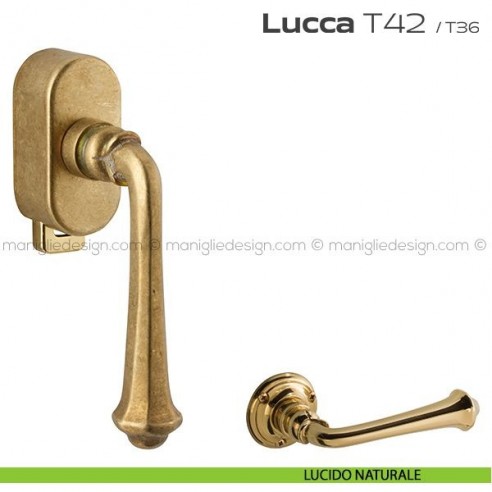 Maniglia per finestra DK con pulsante su placca T42 Lucca Reguitti lucido naturale