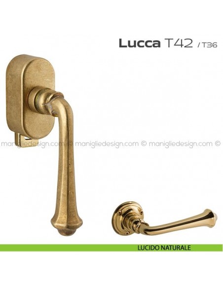 Maniglia per finestra DK con pulsante su placca T42 Lucca Reguitti lucido naturale