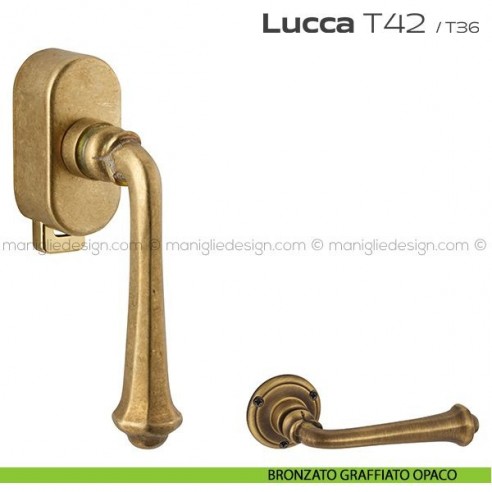 Maniglia per finestra DK con pulsante su placca T42 Lucca Reguitti bronzato graffiato opaco