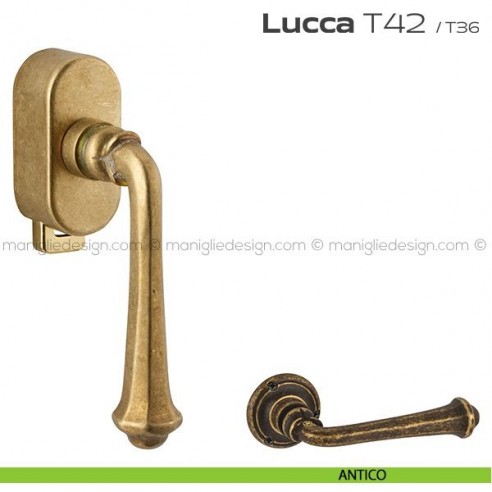 Maniglia per finestra DK con pulsante su placca T42 Lucca Reguitti antico