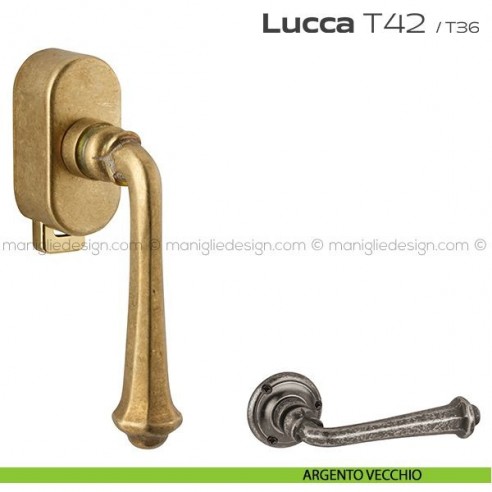 Maniglia per finestra DK con pulsante su placca T42 Lucca Reguitti argento vecchio