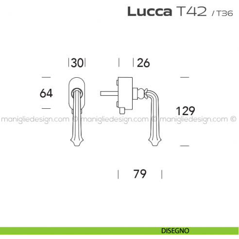 Maniglia per finestra DK con pulsante su placca T42 Lucca Reguitti disegno
