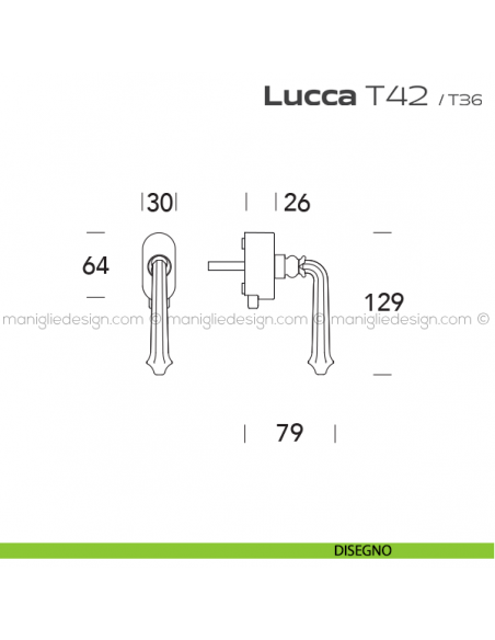 Maniglia per finestra DK con pulsante su placca T42 Lucca Reguitti disegno