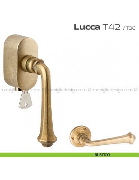 Maniglia per finestra martellina DK con chiave su placca T42 Lucca Reguitti rustico