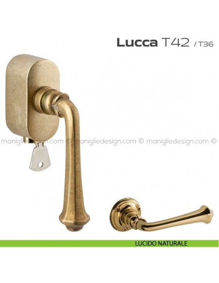 Maniglia per finestra martellina DK con chiave su placca T42 Lucca Reguitti lucido naturale
